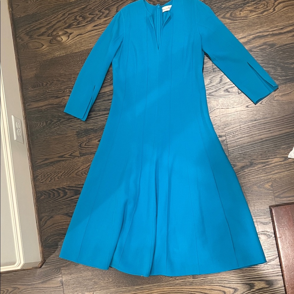 Oscar de la Renta Blue Pleated Long Sleeve A-Line Dress